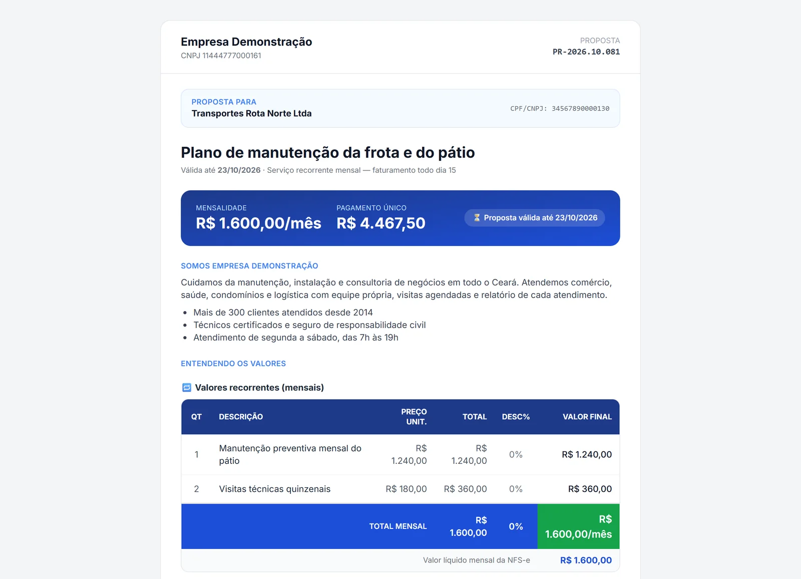 Página da proposta que o cliente abre pelo link, com mensalidade, pagamento único e a tabela de valores